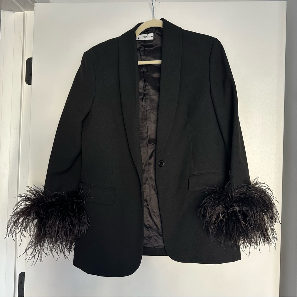 Zara feather trim blazer